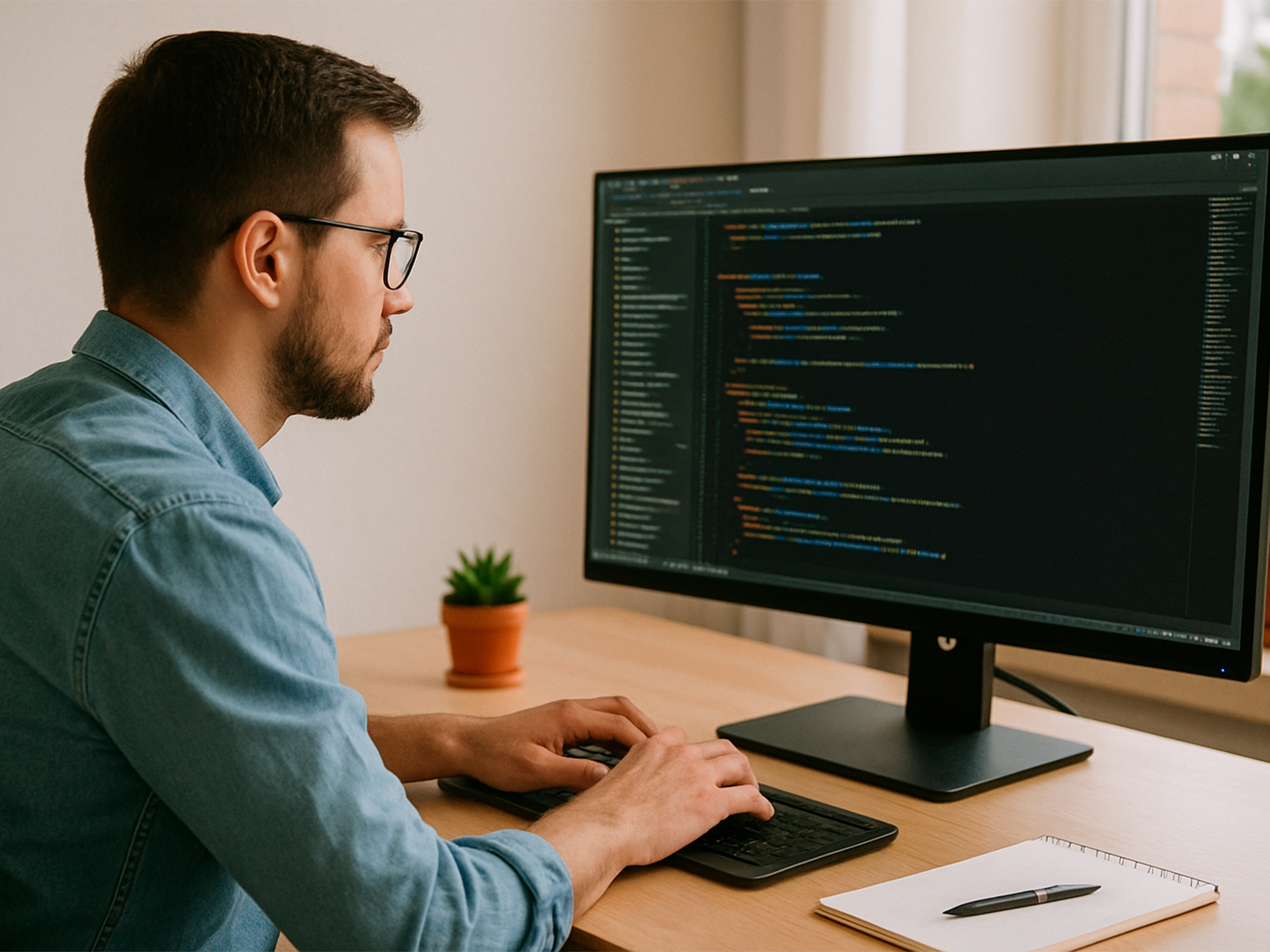 Desenvolvedor programando aplicação web no notebook
